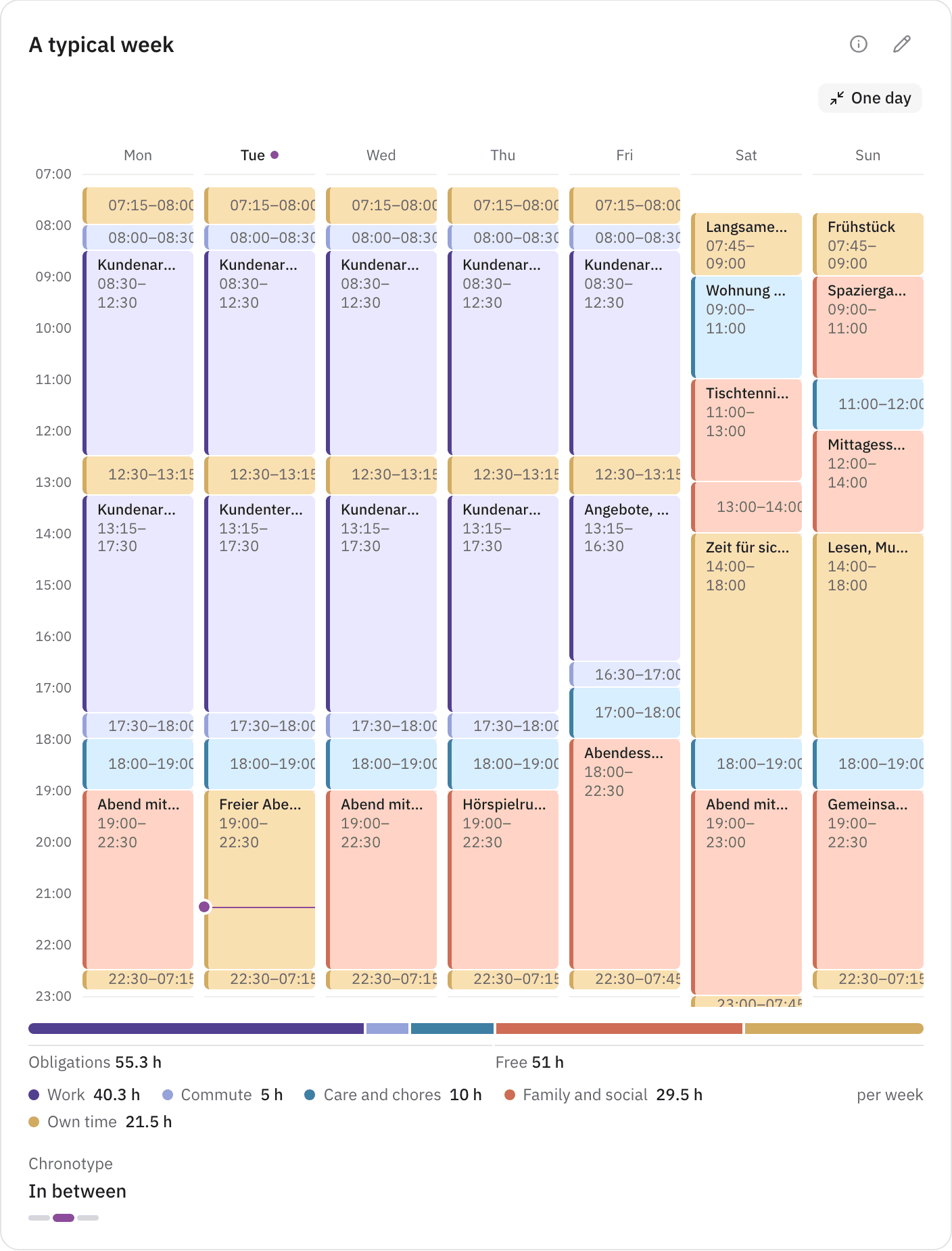 A Persona's typical week, split into work, commute, care, family and own time.