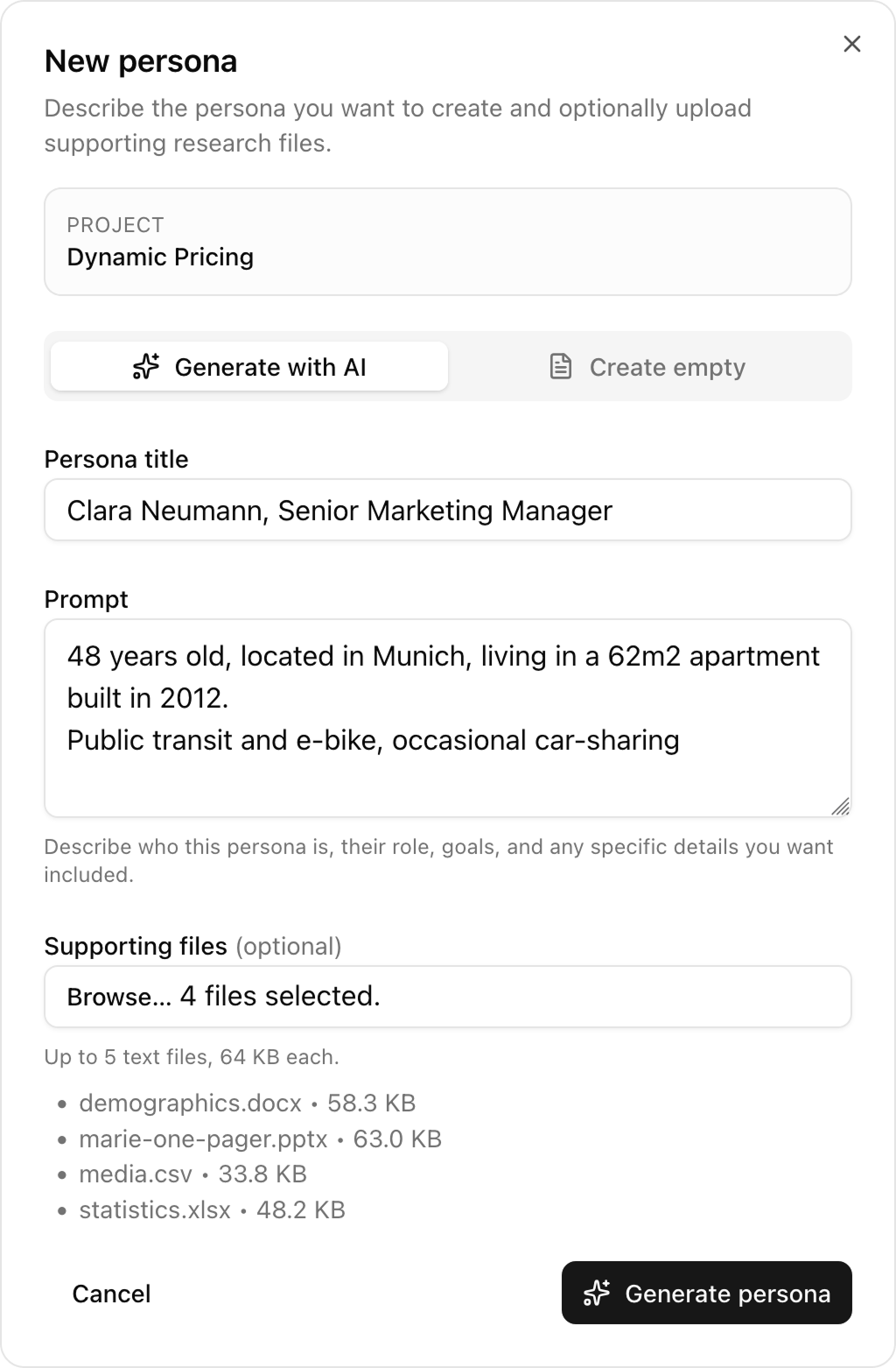 Screenshot of the generate persona modal dialog